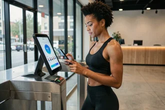 Femme utilisant son abonnement Basic Fit premium via l'application mobile à l'entrée d'une salle de sport moderne