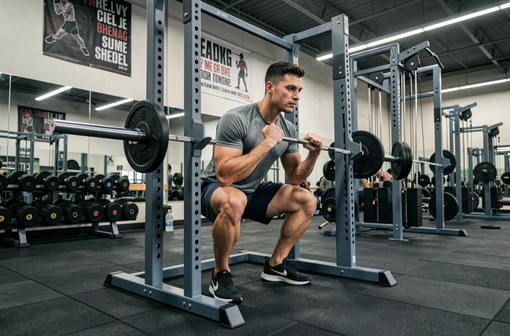 Homme s'entraînant avec des haltères dans une salle de sport Basic Fit avec accès illimité aux équipements premium