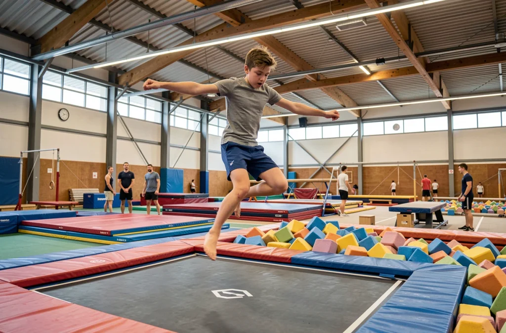 Jeune gymnastes sur trampoline dans la grande salle d'Accrosport Strasbourg
