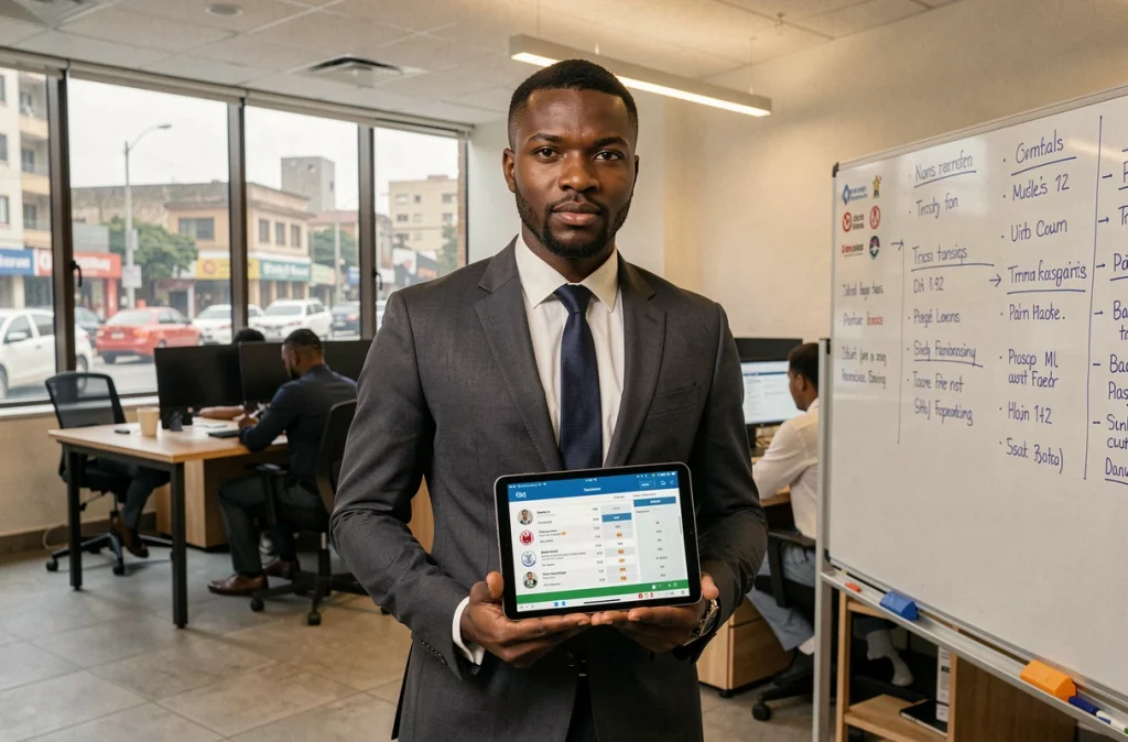 Agent de football congolais consultant des statistiques de joueurs dans un bureau d'agence sportive moderne à Kinshasa