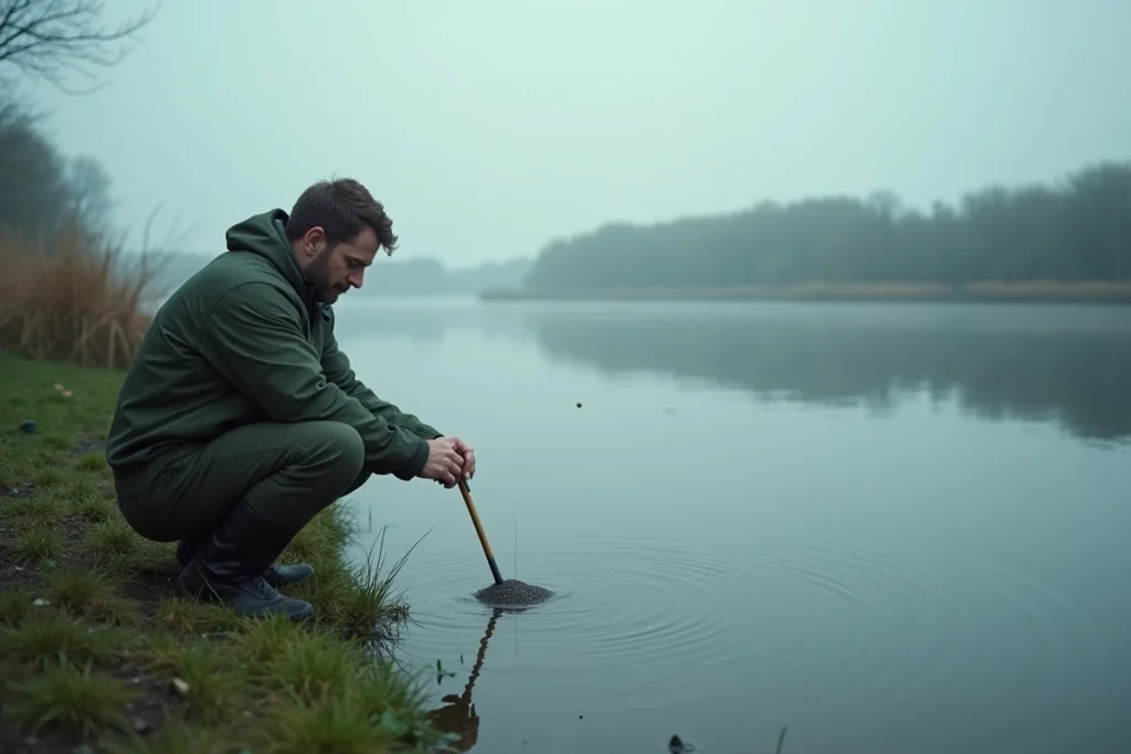 Pêcheur amorçant un spot avec des bouillettes sur un plan d'eau carpe très fréquenté