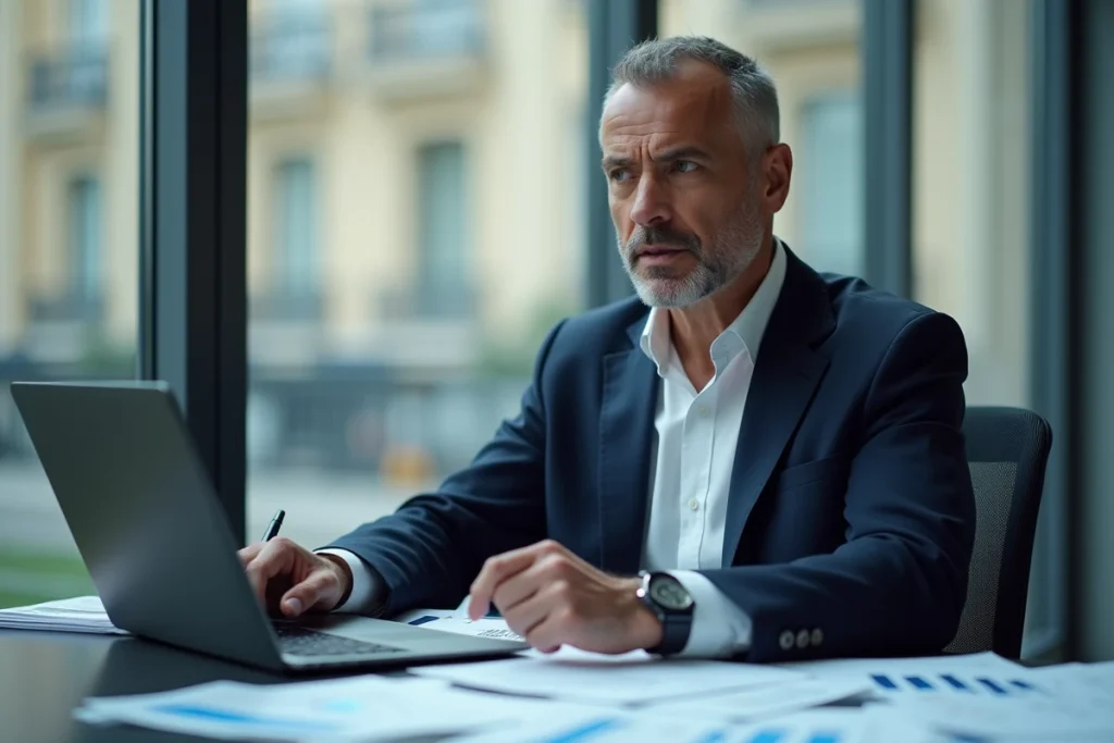 Analyste financier étudiant les écarts de salaires des joueurs du PSG sur des feuilles de calcul dans un bureau parisien moderne en 2026