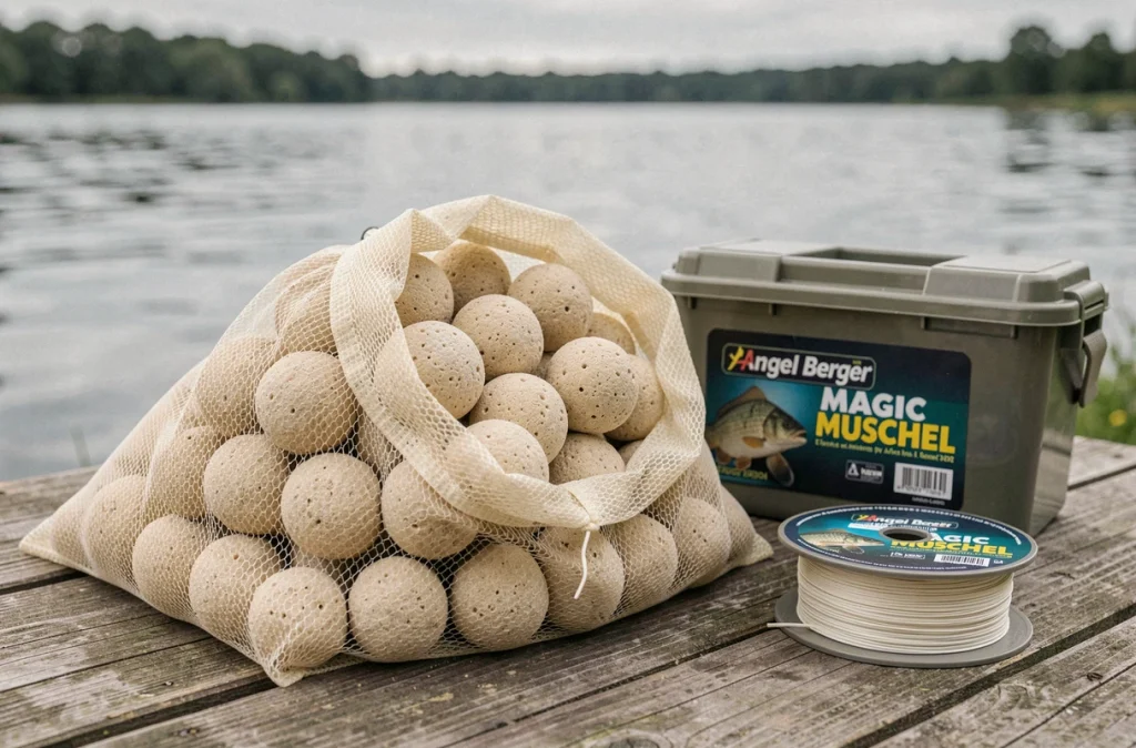 Bouillettes Angel Berger Magic Muschel 20 mm grand format crème dans un filet en maille sur table en bois au bord du lac