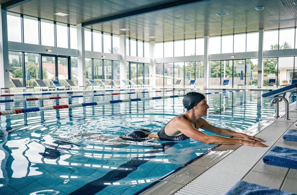 Nageuse en plein crawl dans le bassin de natation de L'Aquarive à La Wantzenau