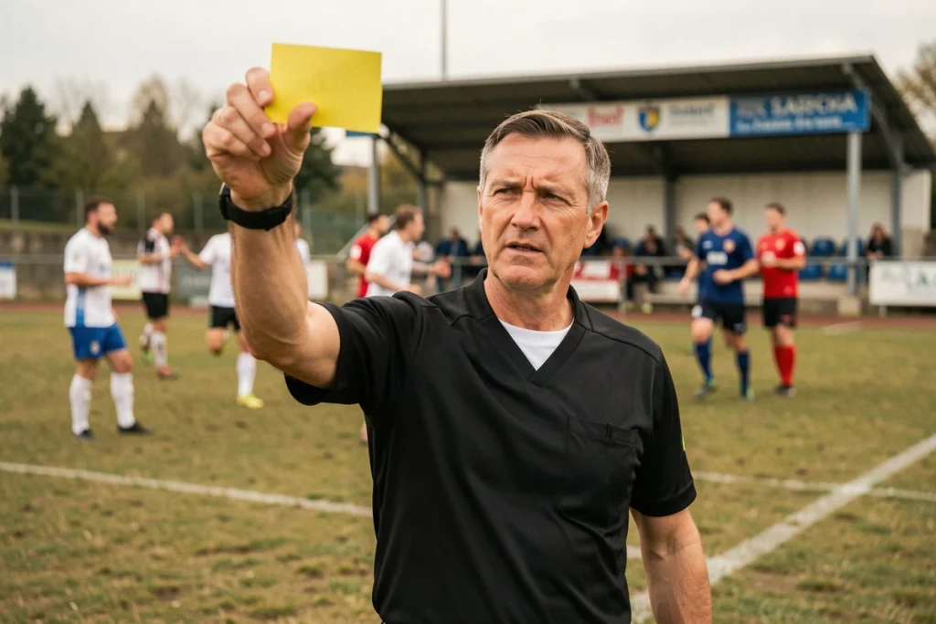 Arbitre en tenue noire brandissant un carton jaune lors d'un match de football du district de la Sarthe