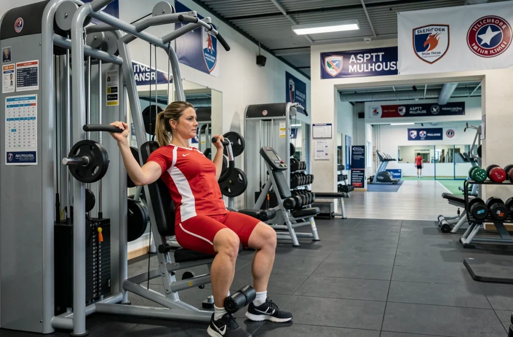 Une sportive utilise un équipement de musculation au complexe ASPTT de Mulhouse
