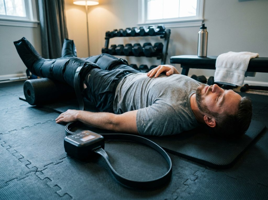 Athlète masculin allongé au sol avec des bottes de drainage lymphatique après une séance d'entraînement à domicile