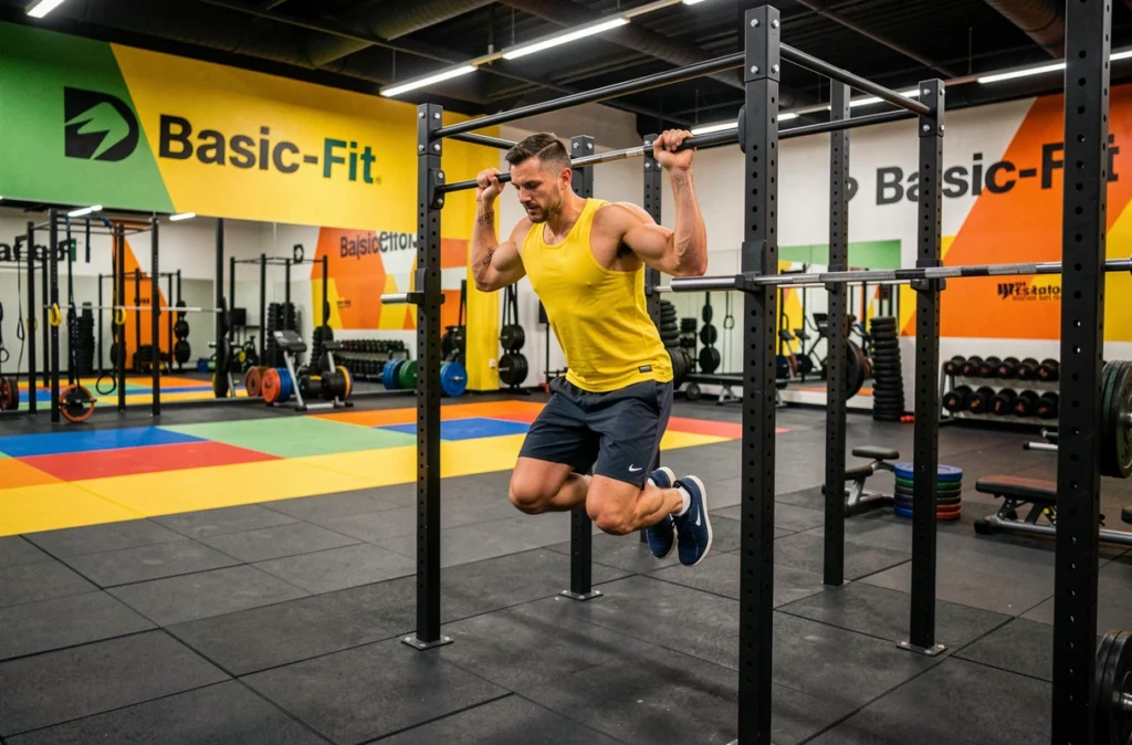 Un homme effectue des tractions sur un rack fonctionnel dans la salle Basic-Fit de Mulhouse