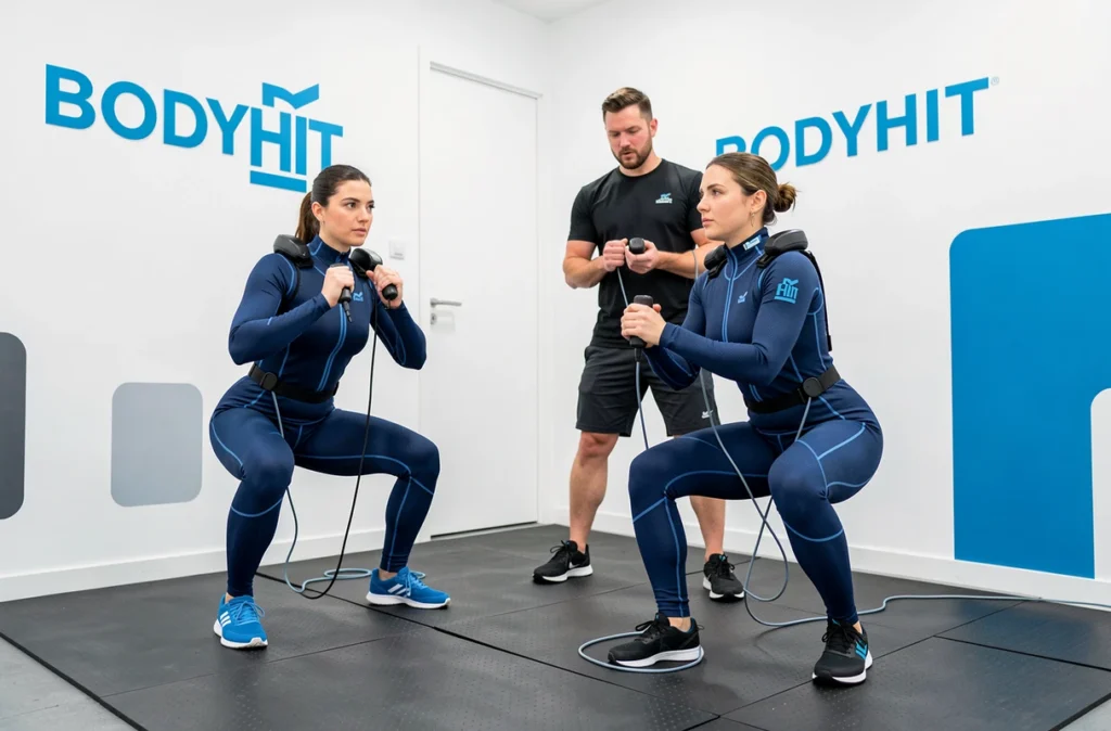 Studio BODYHIT à Paris spécialisé en électrostimulation avec clients en combinaison EMS guidés par un coach