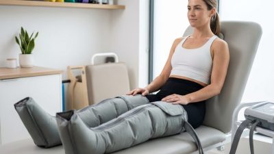 Femme utilisant des bottes de compression pneumatique pour la récupération musculaire dans une clinique de physiothérapie moderne