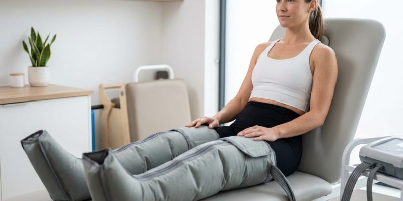 Femme utilisant des bottes de compression pneumatique pour la récupération musculaire dans une clinique de physiothérapie moderne