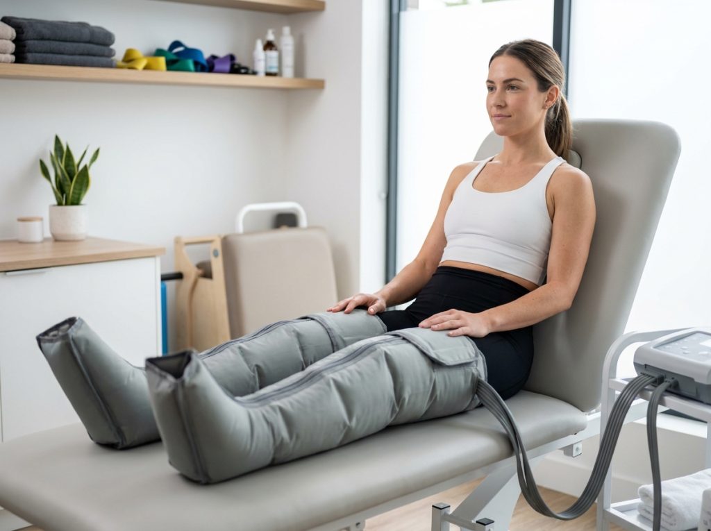 Femme utilisant des bottes de compression pneumatique pour la récupération musculaire dans une clinique de physiothérapie moderne