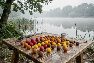 Table de pêche à la carpe avec des bouillettes colorées, un feeder et des accessoires au bord d'un lac brumeux