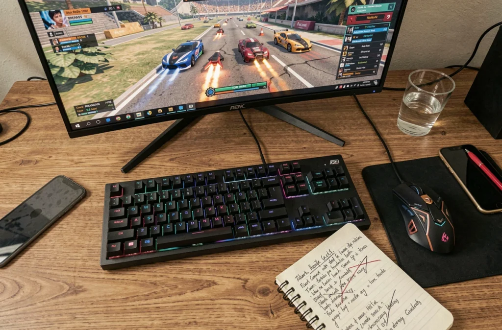 Bureau de gamer avec notes de stratégie Rocket League et écran affichant un match classé