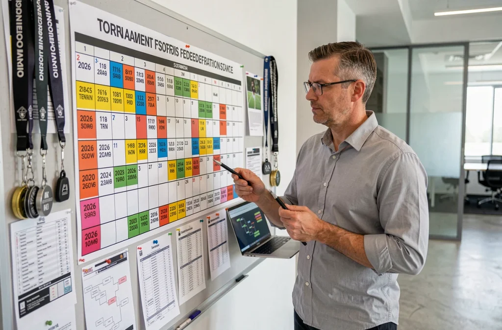 Coordinateur sportif examinant le calendrier complet des tournois de tennis 2026 affiché dans un bureau fédéral moderne