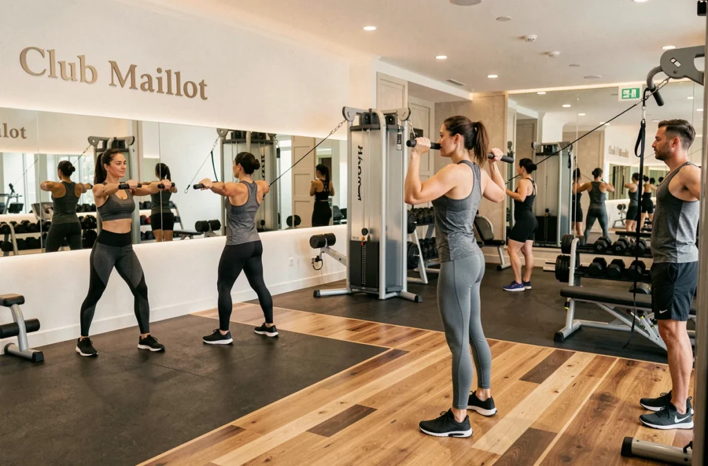 Intérieur élégant de la salle de sport Club Maillot à Paris avec équipements modernes et membres en entraînement