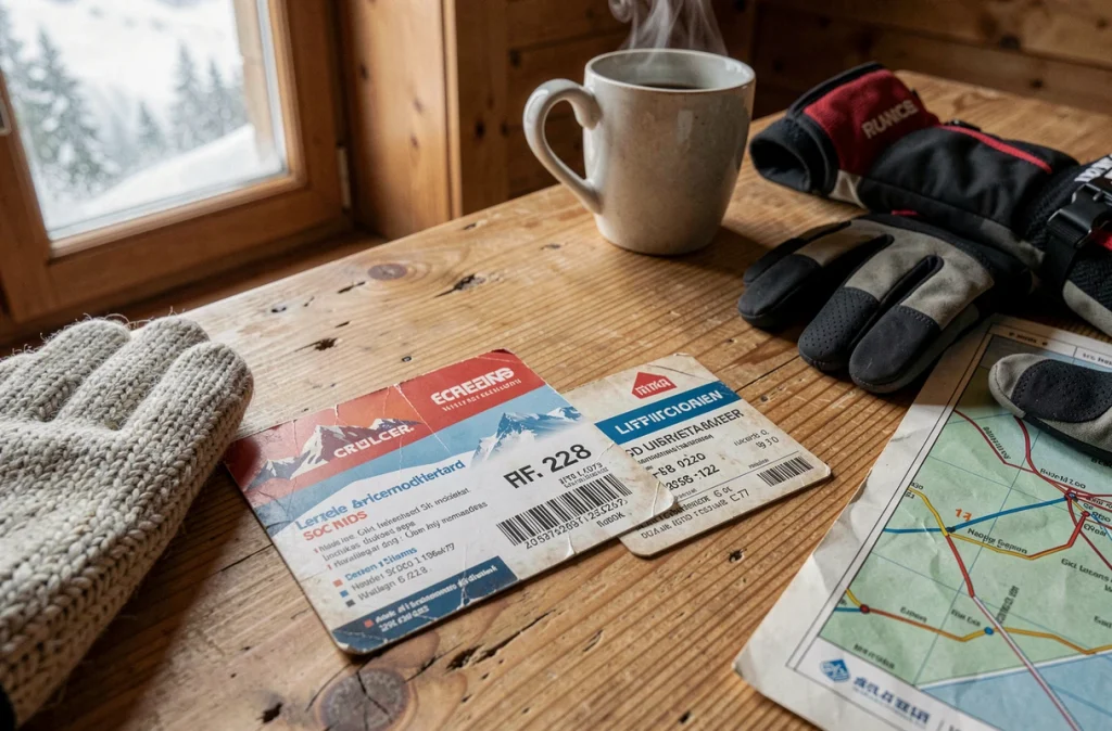 Comparaison de deux forfaits de ski côte à côte sur une table en bois de chalet alpin, avec gants et plan des pistes des 3 Vallées et Les Menuires