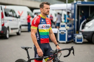 Cycliste professionnel en maillot d'équipe dans le paddock lors du mercato 2026, regard contemplatif suggérant un possible transfert