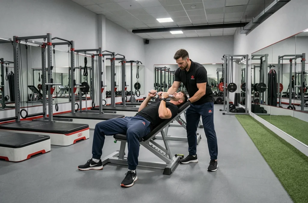Plateau de musculation professionnel de Deltaccord Marseille avec allées de turf fonctionnel et systèmes de câbles multi-stations