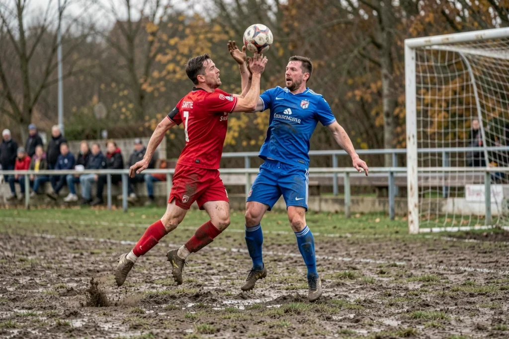 Duel aérien entre deux joueurs de football amateur lors d'un corner dans le district de la Sarthe