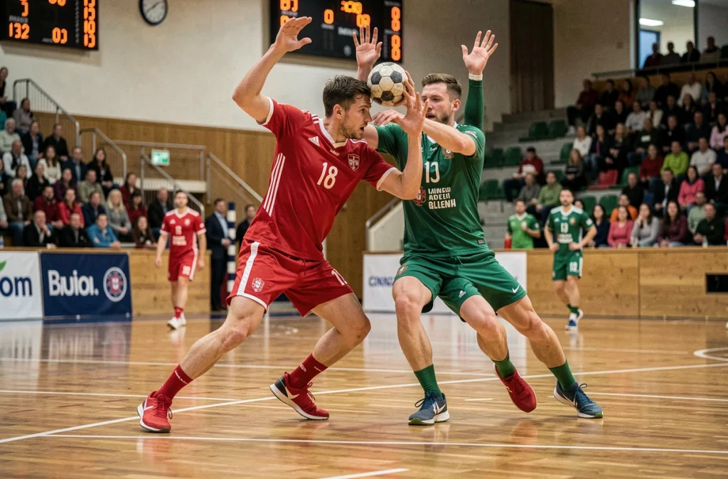 Duel entre un joueur danois et un joueur portugais lors du match Portugal Danemark handball à l'Euro 2026