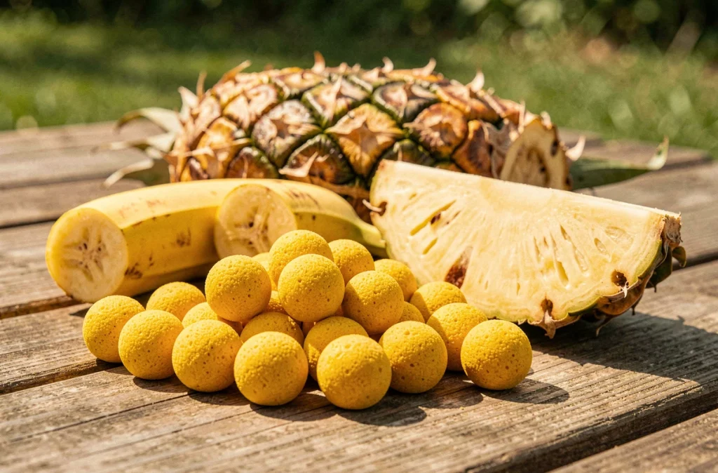 Bouillettes Dynamite Baits Carptec Pineapple Banana 15 mm jaunes avec morceaux de banane et ananas sur table en bois ensoleillée