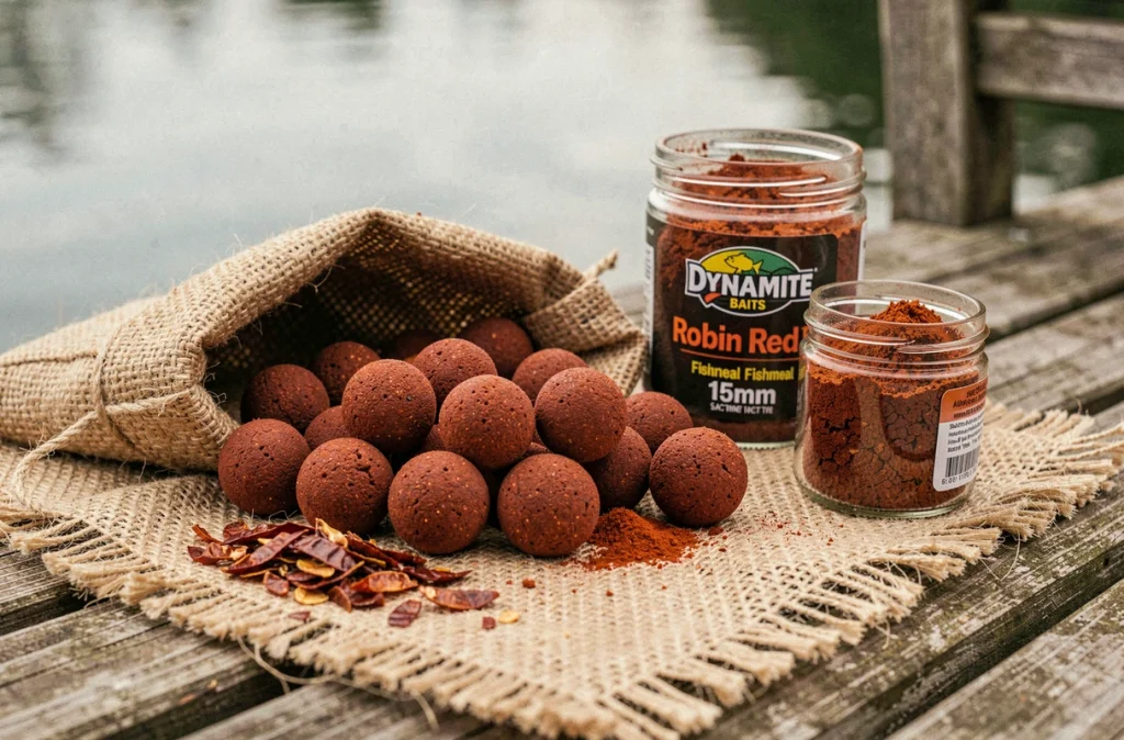 Bouillettes Dynamite Baits Robin Red 15 mm rouge paprika avec épices et poudre d'attractant sur une toile de jute au bord du lac