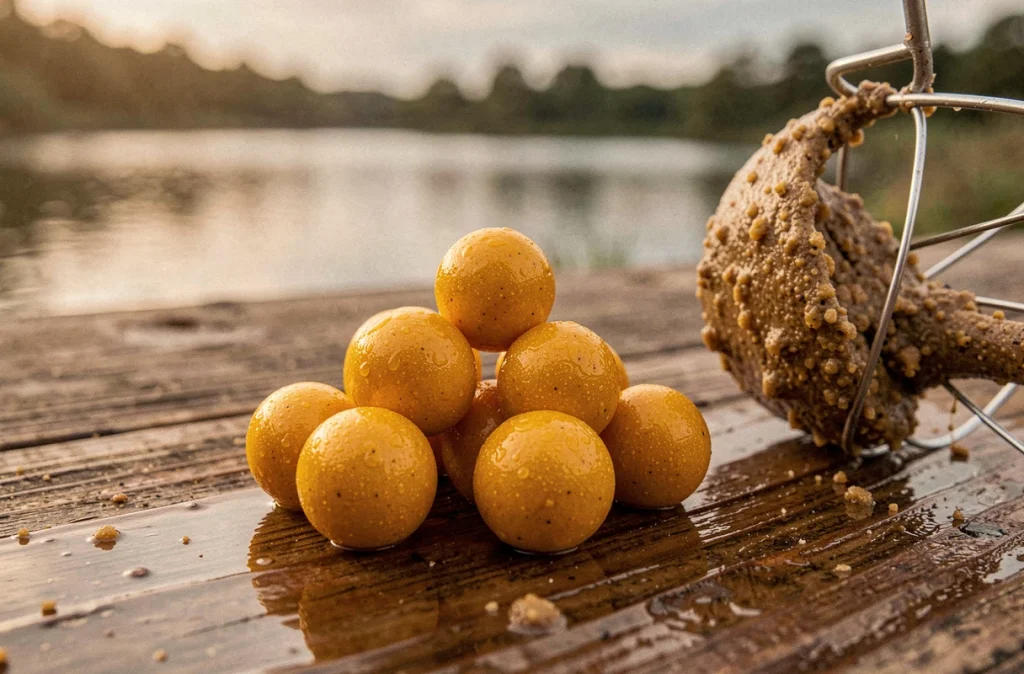 Bouillettes Dynamite Baits The Source 15 mm posées sur une surface en bois humide à côté d'un feeder method