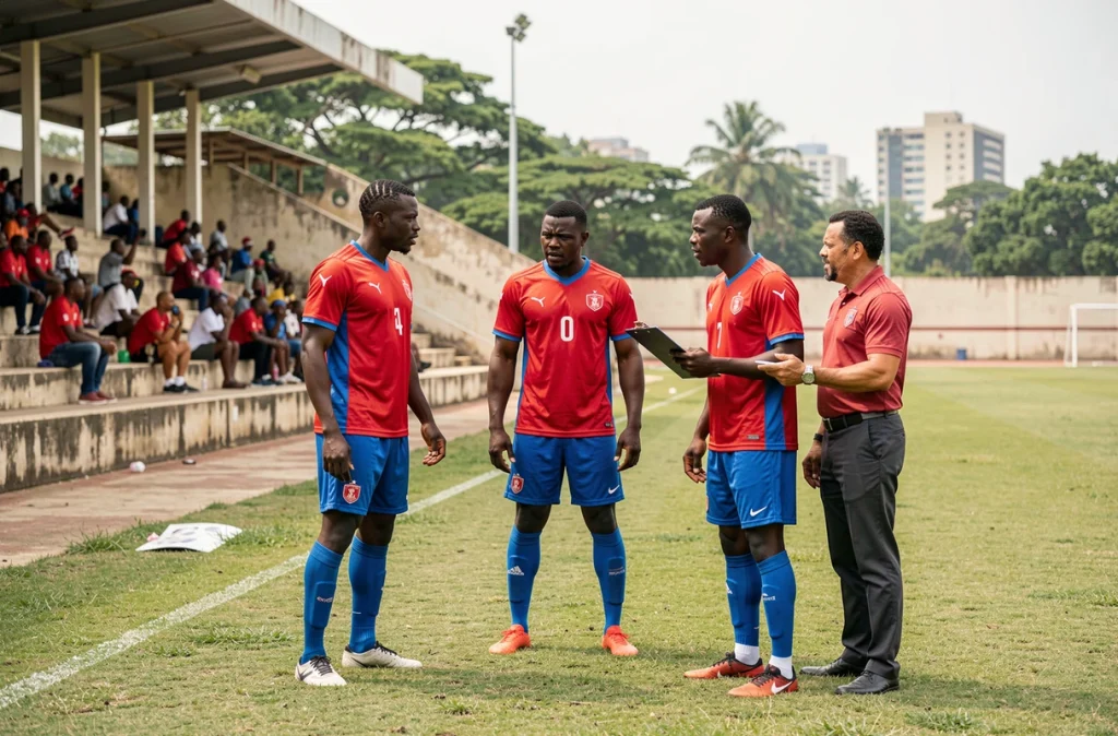 Entraîneur et footballeurs congolais discutant tactique lors d'une séance d'entraînement au stade en RD Congo