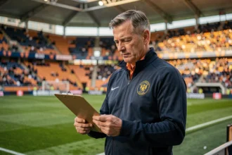 Entraîneur de football professionnel étudiant une feuille de composition tactique sur la touche d'un stade moderne avant un match PSG OM