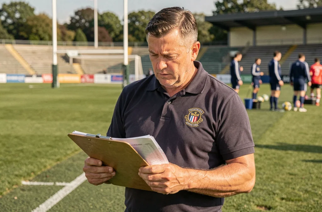 Entraîneur de rugby consultant un tableau de scores sur une feuille de match en bord de terrain après une rencontre de Nationale 2