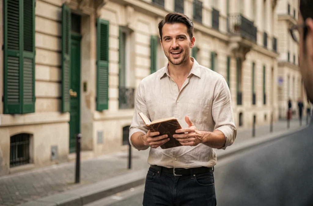 Entrepreneur en pleine discussion dans une rue parisienne, illustrant une approche humaine et décalée du personal branding