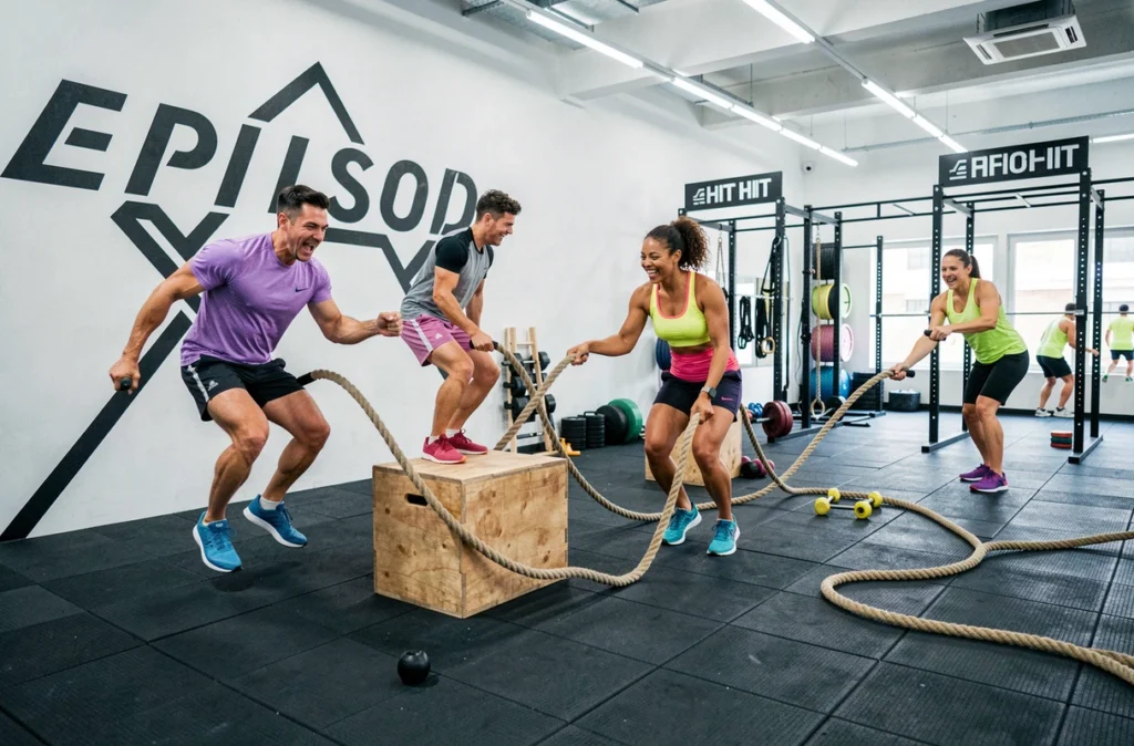 Salle de fitness EPISOD à Paris avec zone HIIT, branding graphique noir et blanc et membres en plein entraînement