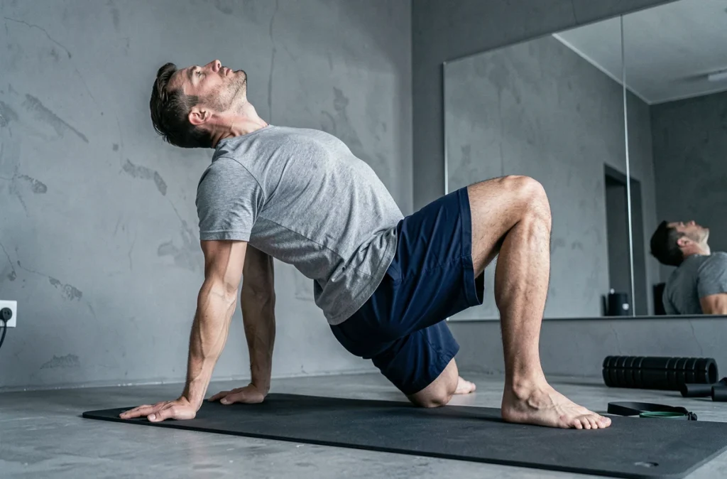 Homme réalisant un exercice de Pilates avec une posture incorrecte dans une salle de sport minimaliste à la maison