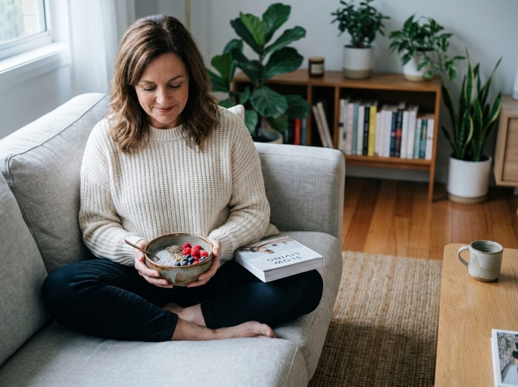 Femme savourant un bol de chia pudding aux fruits sur un canapé lin gris dans un cadre de vie minimaliste et apaisant