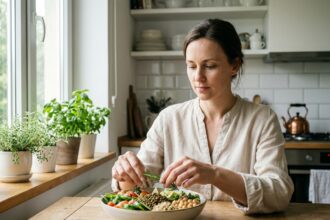 Femme préparant un repas équilibré riche en fibres pour favoriser la satiété naturelle dans une cuisine en bois chaleureuse
