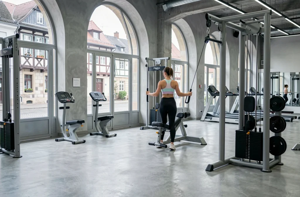 Une femme utilise un appareil de musculation au Fitness Park de Colmar