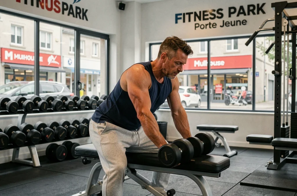 Un homme s'entraîne aux haltères au Fitness Park Mulhouse Porte Jeune