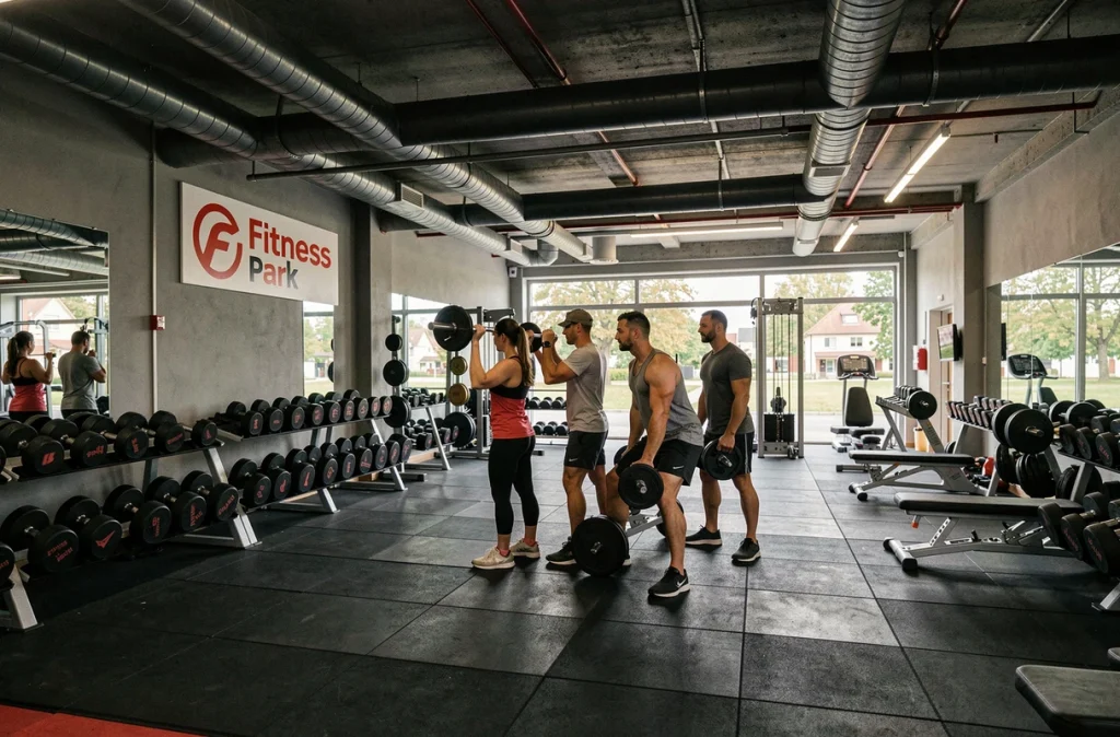 Zone haltères spacieuse du Fitness Park Strasbourg Schiltigheim avec membres à l'entraînement
