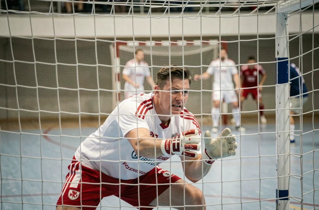 Gardien de but danois en position défensive dans les buts lors du match de handball Portugal Danemark à l'Euro 2026