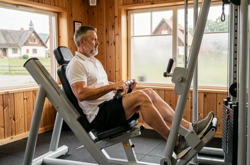 Un homme utilise un appareil de musculation au Global Gym de Sierentz dans le Haut-Rhin