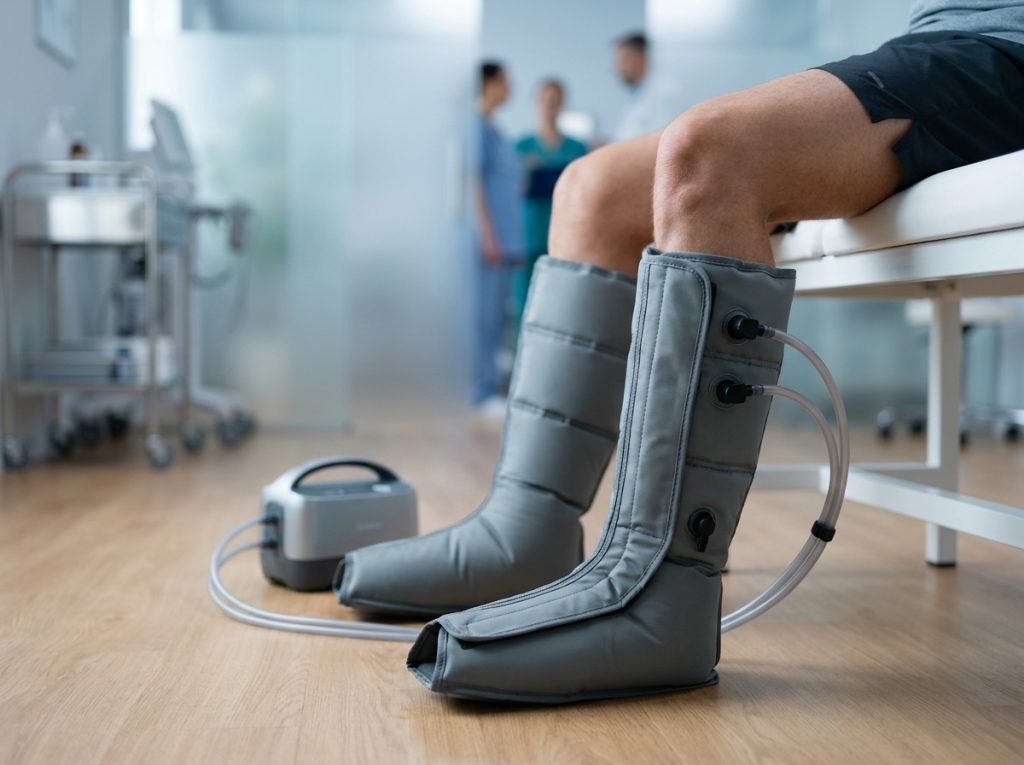 Gros plan sur des bottes de récupération gonflables à compression séquentielle pour le drainage lymphatique des jambes