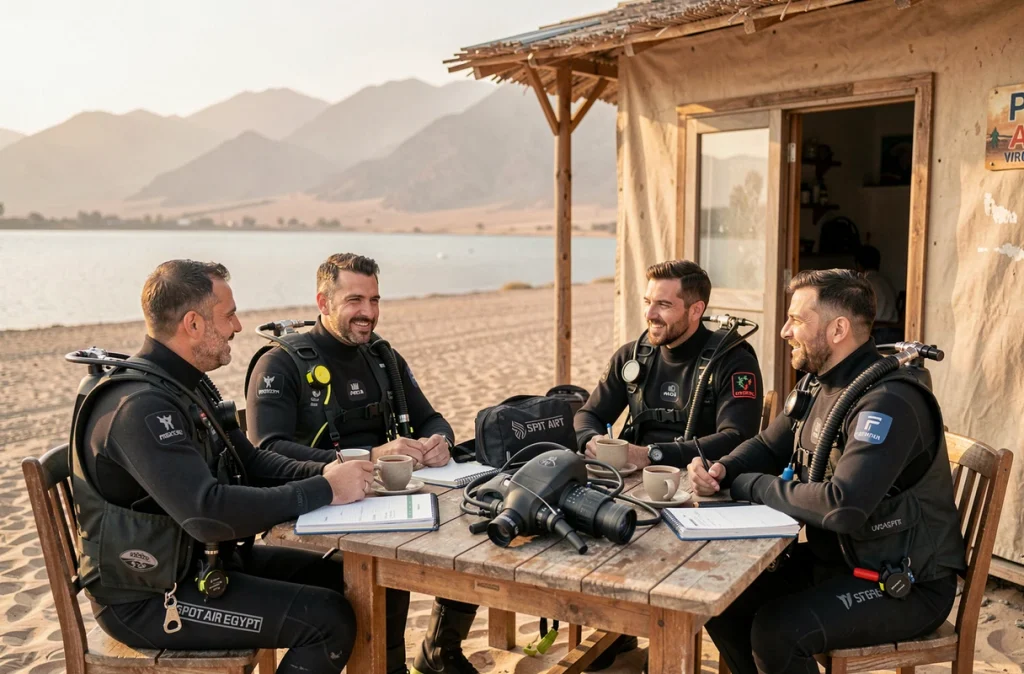 Groupe de plongeurs en discussion autour d'une table au centre de plongée Spot Air Egypt en bord de mer Rouge
