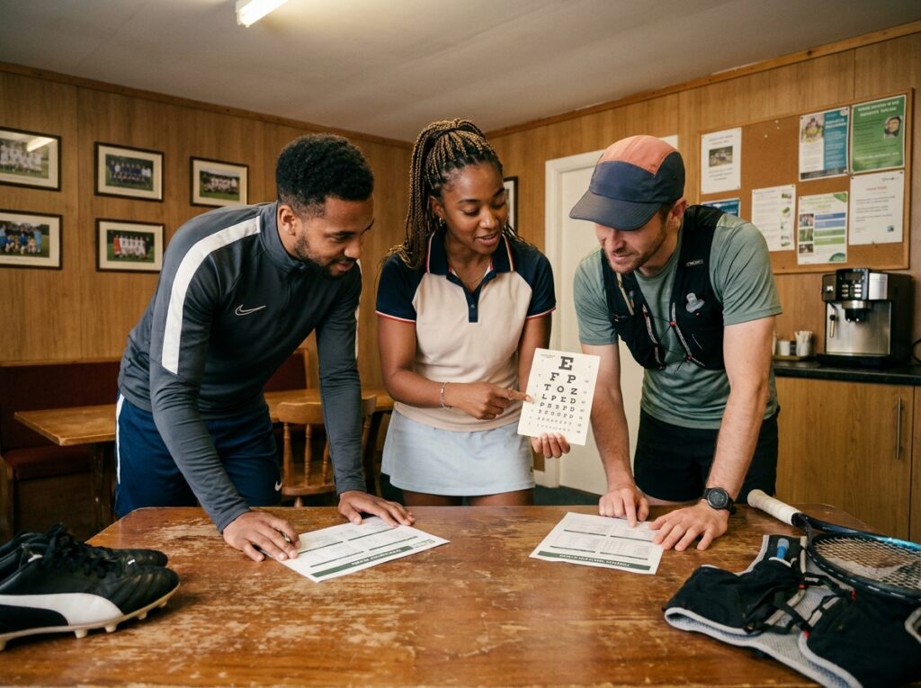 Groupe de sportifs amateurs discutant de leur préparation visuelle autour d'une table dans un club sportif, mettant en avant la santé des yeux souvent négligée dans l'entraînement