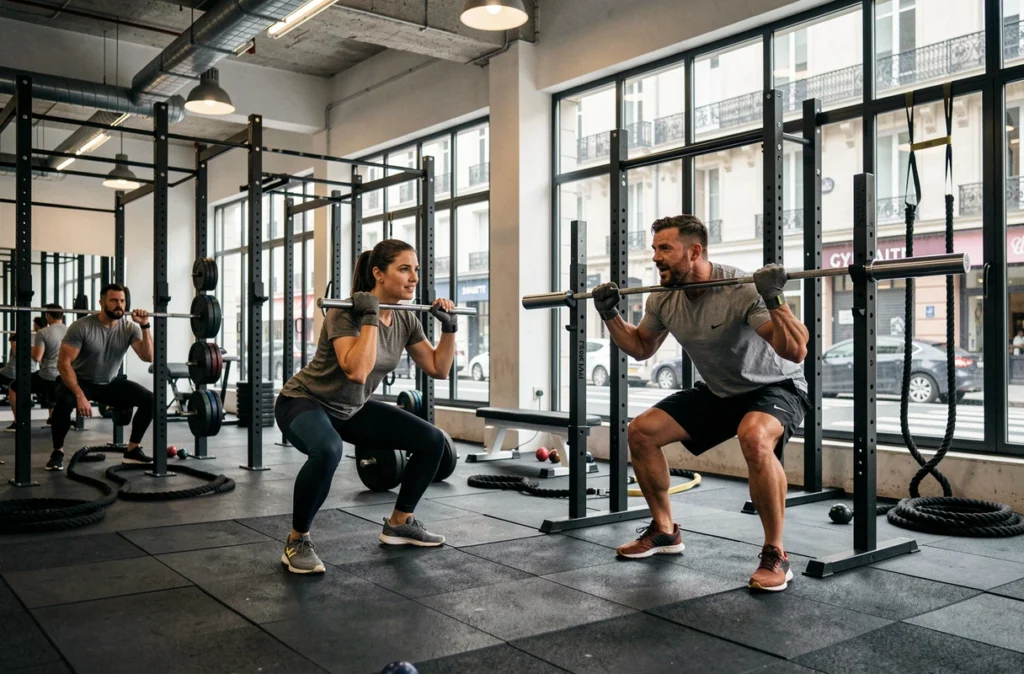 Salle de sport Gymate à Paris avec espace fonctionnel ouvert, grandes fenêtres et membres en entraînement polyvalent