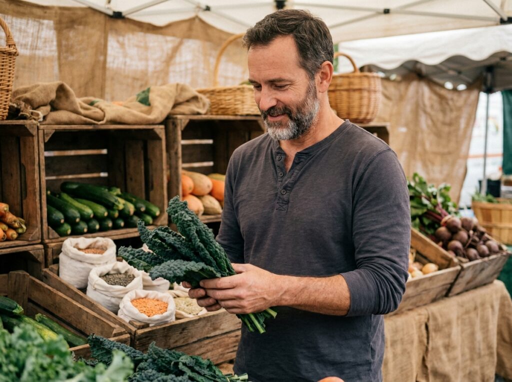 Homme choisissant des légumes frais au marché pour adopter une alimentation rassasiante et équilibrée avant un régime