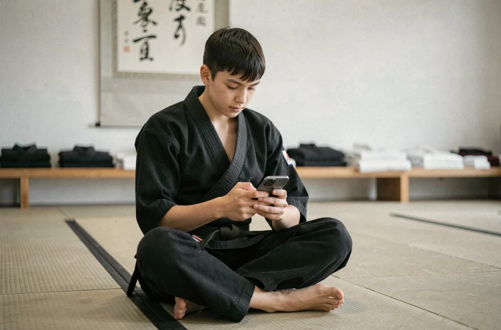 Jeune judoka consultant son dossier de licence EXTRANET JUDO sur smartphone dans un dojo