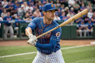 Joueur de baseball des Mets de New York en uniforme rayé bleu et orange, en position de frappe dans un stade plein de supporters