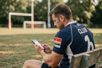 Joueur de rugby consultant les résultats en direct sur son smartphone lors d'un match de Fédérale 3
