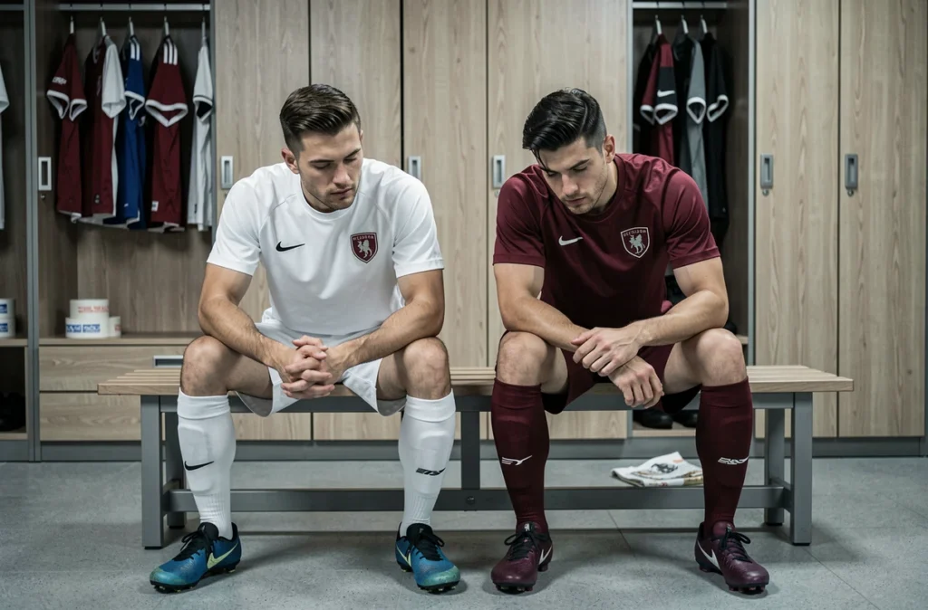 Deux joueurs de football assis dans un vestiaire professionnel avant le match PSG contre l'Olympique de Marseille en Ligue 1